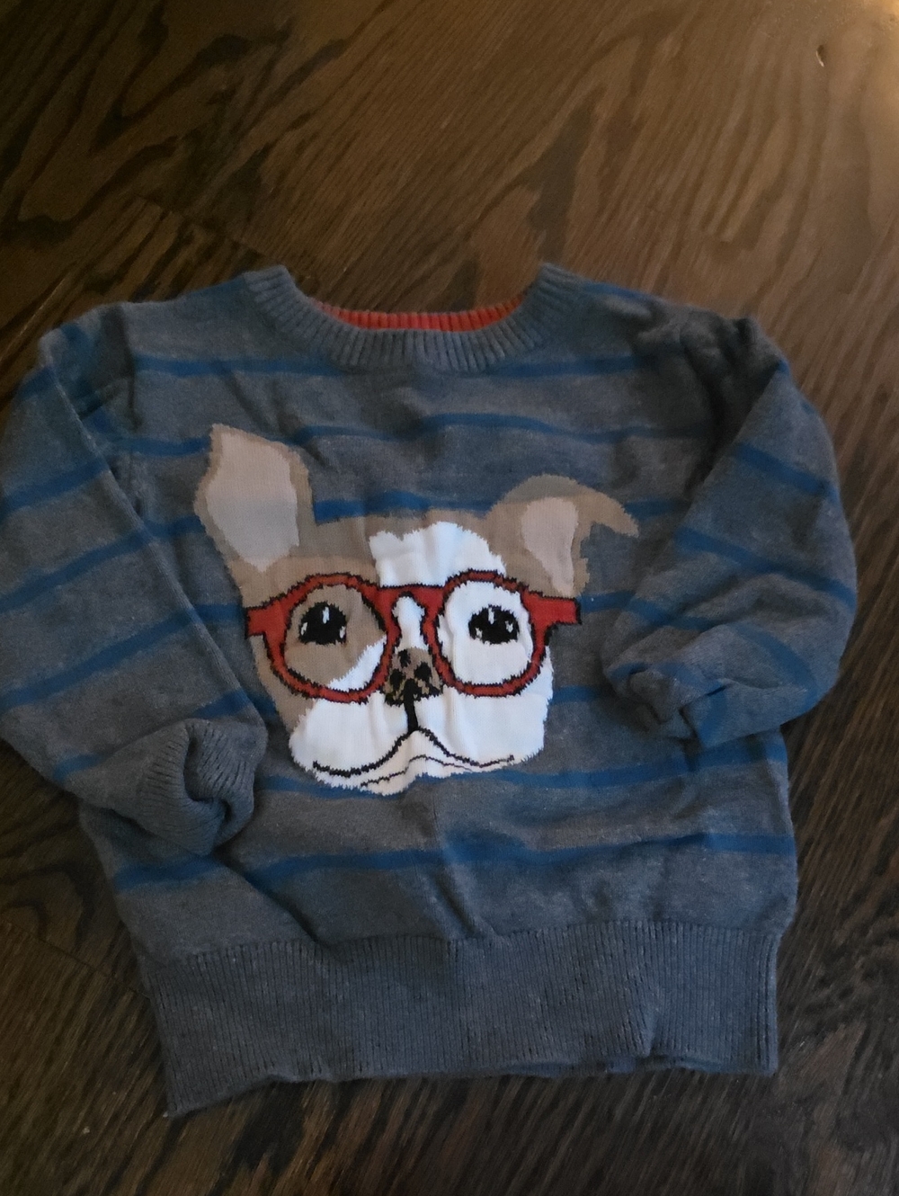 Andy & Evan Gray and Blue Striped Sweater with Dog and Red Glasses